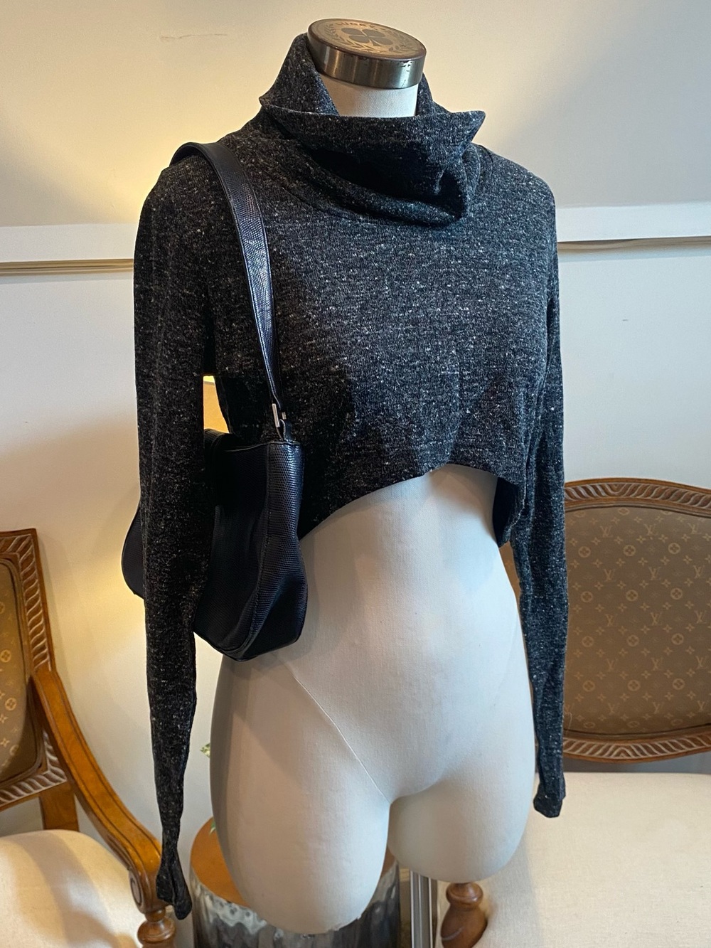 CAbi Cropped Funnel Neck Long-Sleeve Sweater Top in Charcoal Gray Size S
